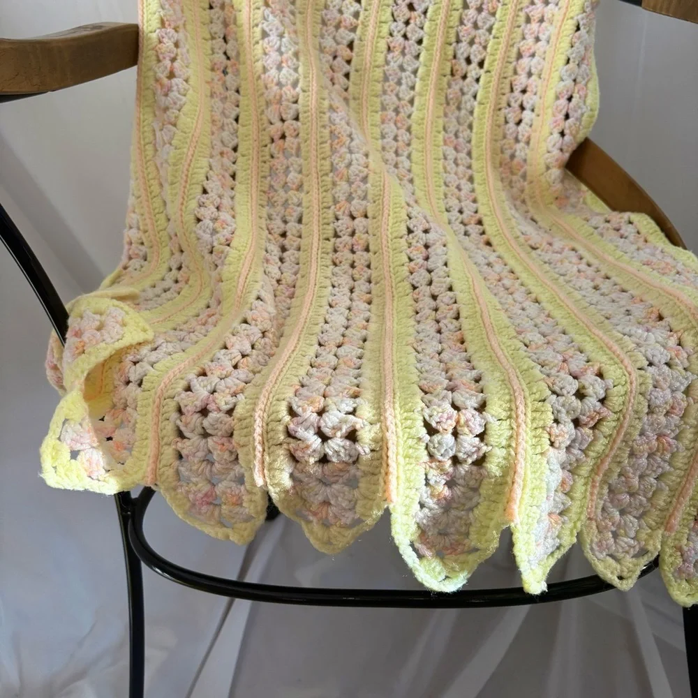 Vintage crochet baby blanket yellow small pet throw